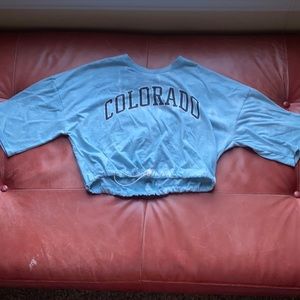 Blue crop top, tie-dye, with a tie at the bottom